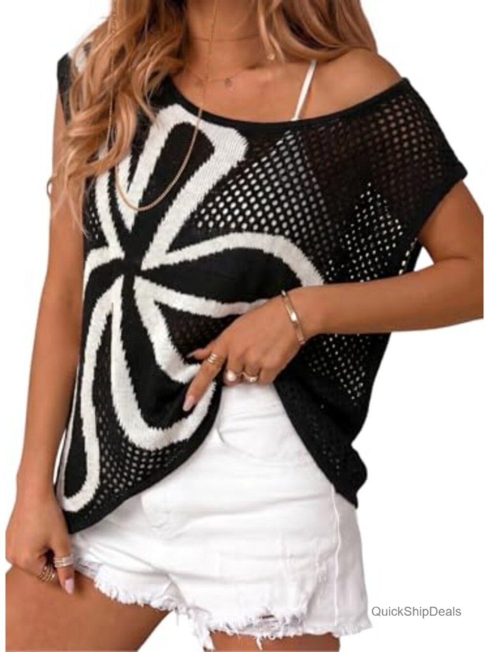 Dokotoo Crochet Floral Cap Sleeve Sweater Hollow Out Summer Top